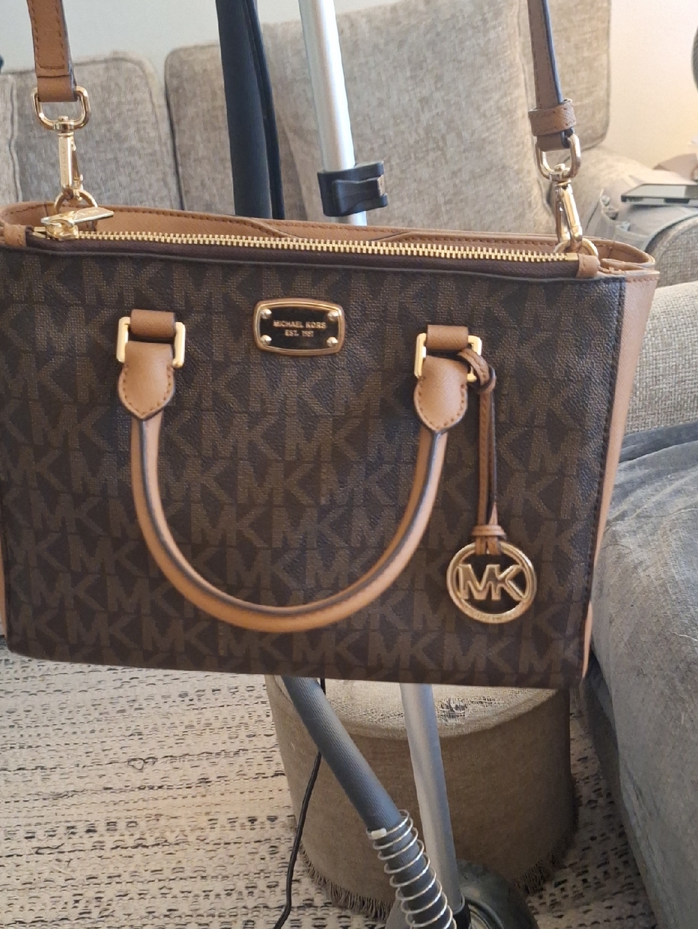 Michael Kors Brown and Tan Logo Satchel Comes With Matching Wallett